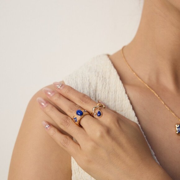 ✨ Artisan Original Lapis Lazuli Dangle Crown Ring | S925 Gold Adjustable - Picture 13 of 14